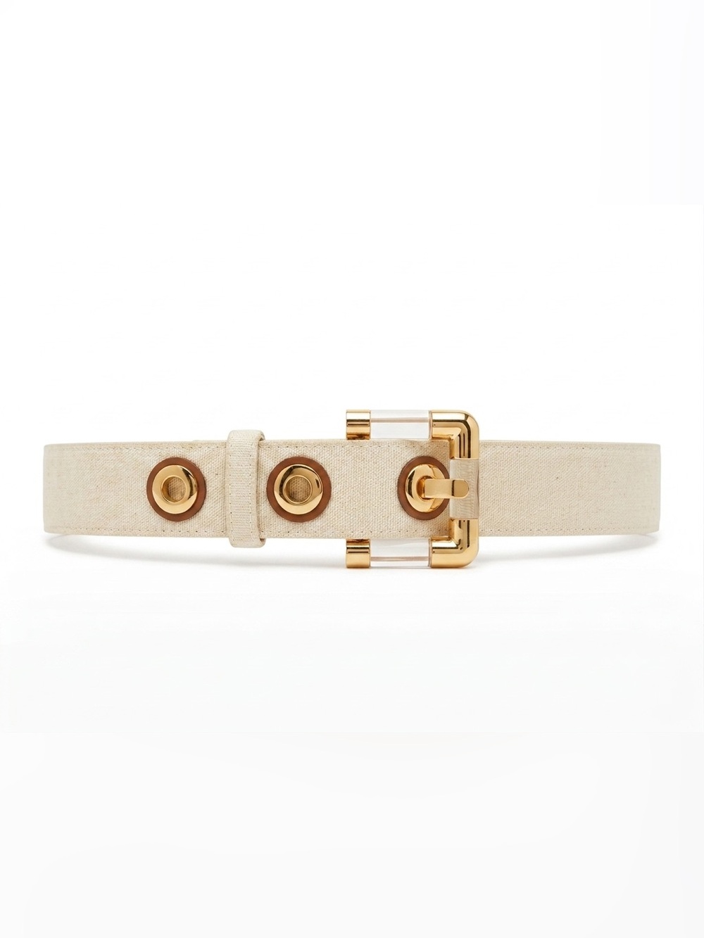 Simon Chang Cream Canvas Belt with Gold Buckle and Eyelets S vintage waist retro